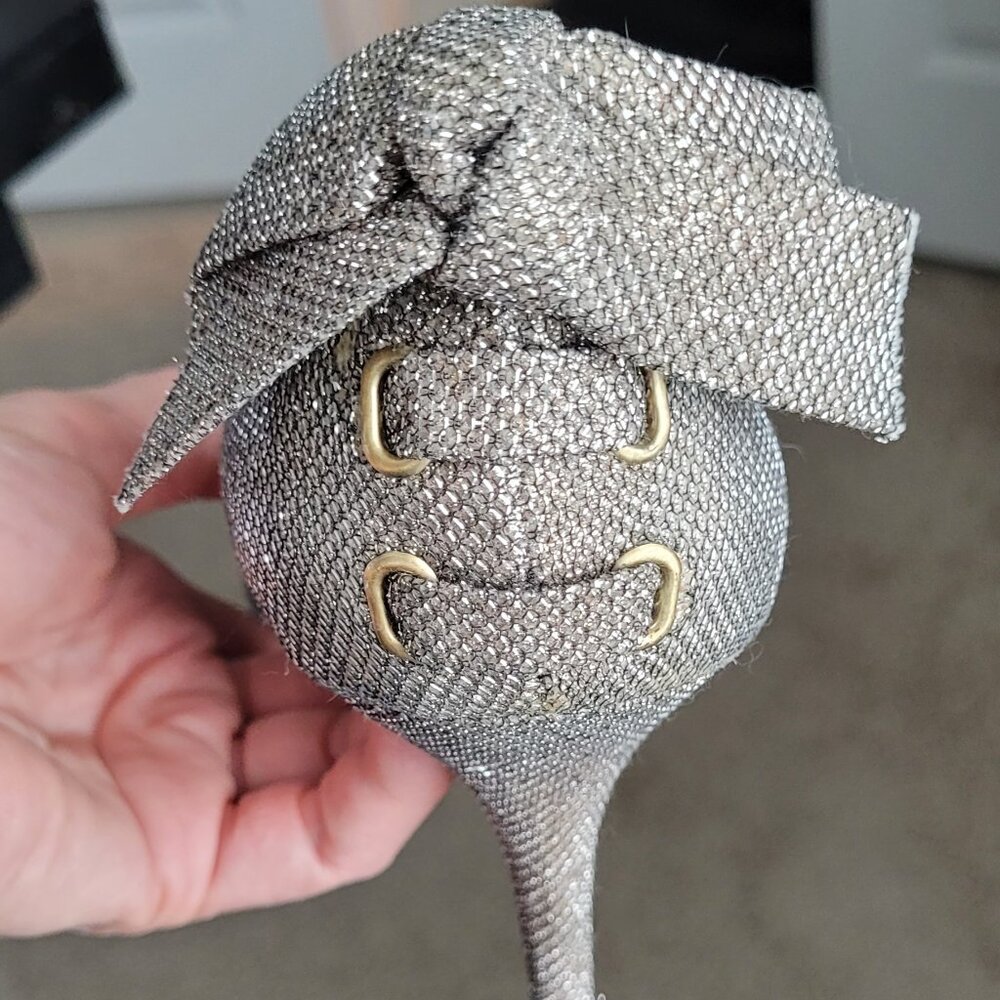 Enzo Angiolini SHINY SILVER Weave Peep Toe Heels + Ankle Lace up & Bow - Size 12